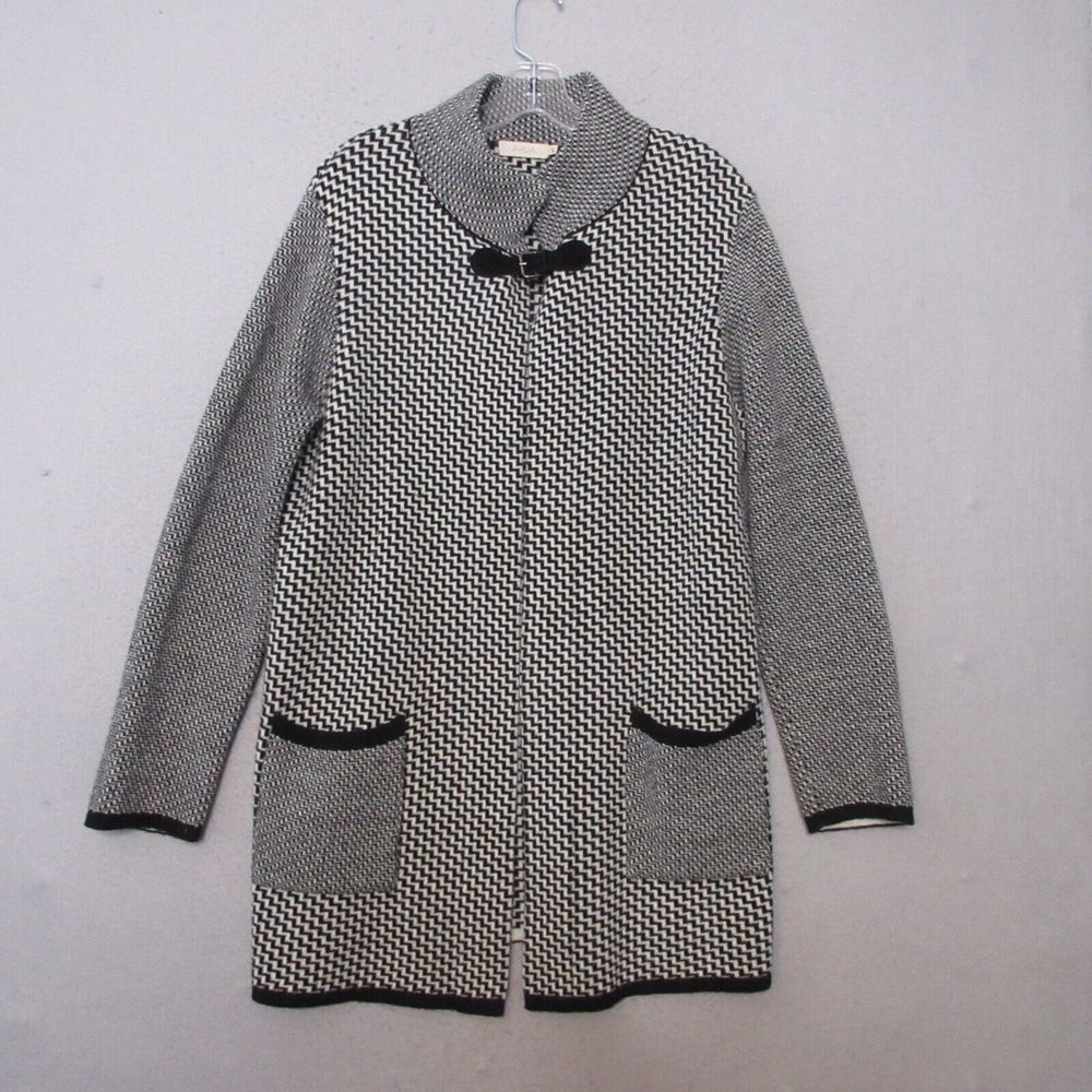 A. IDA Cardigan Sweater Large Wool Plaid Chevron Long Pockets Buckle Italy‎